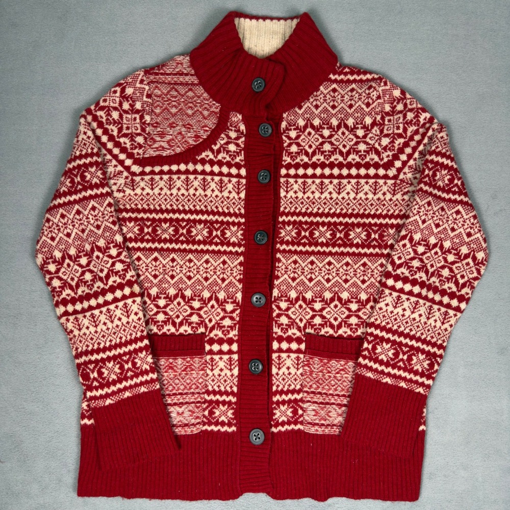 Eddie Bauer Fair Isle Nordic Sweater Red Cream Lambswool Henley Womens L Vintage